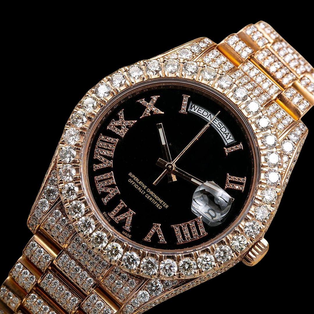 Rolex Day-Date Black Dial Diamond Roman Numerals Fully Iced Out President Bracelet Rose Gold Moissanite Watch Close Up Front View