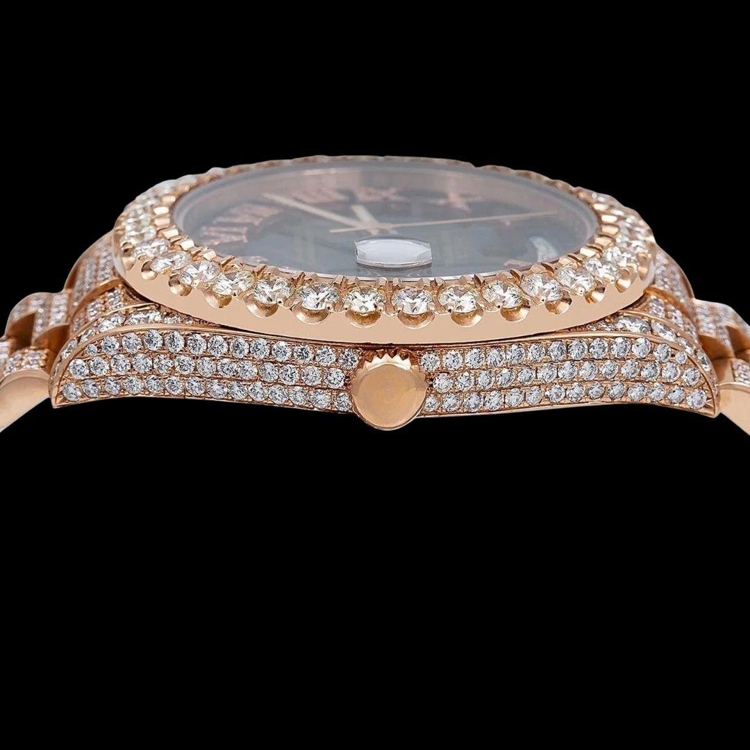 Rolex Day-Date Black Dial Diamond Roman Numerals Fully Iced Out President Bracelet Rose Gold Moissanite Watch Crown View
