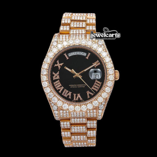 Rolex Day-Date Black Dial Diamond Roman Numerals Fully Iced Out President Bracelet Rose Gold Moissanite Watch Front View