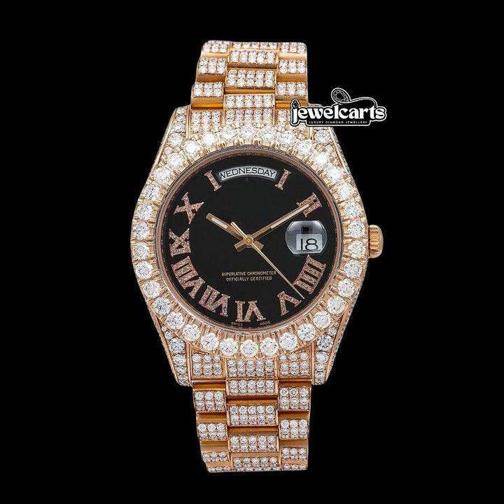 Rolex Day-Date Black Dial Diamond Roman Numerals Fully Iced Out President Bracelet Rose Gold Moissanite Watch Front View