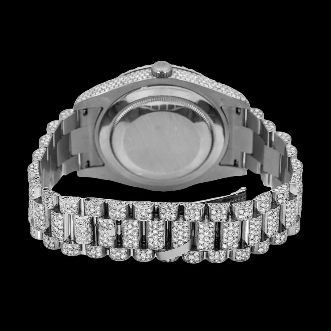 Rolex Day-Date Black Dial Roman Numerals Fully Iced Out President Bracelet Moissanite Watch Caseback View