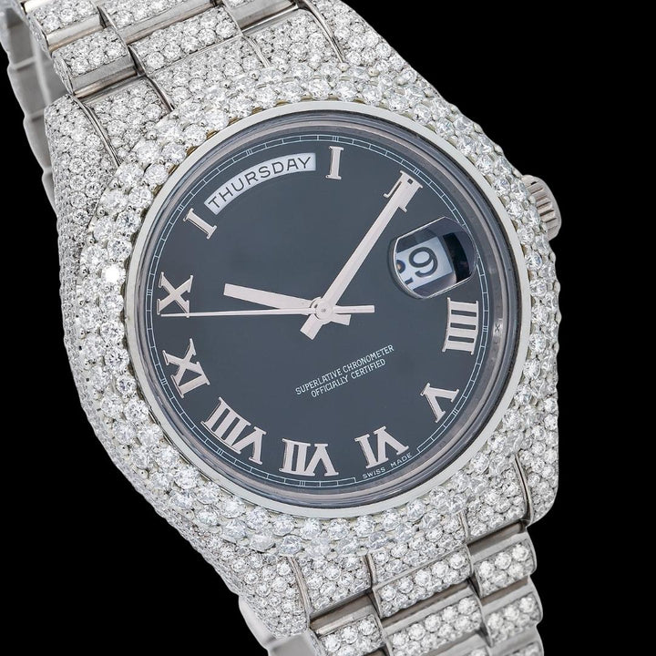 Rolex Day-Date Black Dial Roman Numerals Fully Iced Out President Bracelet Moissanite Watch Close Up Dial View