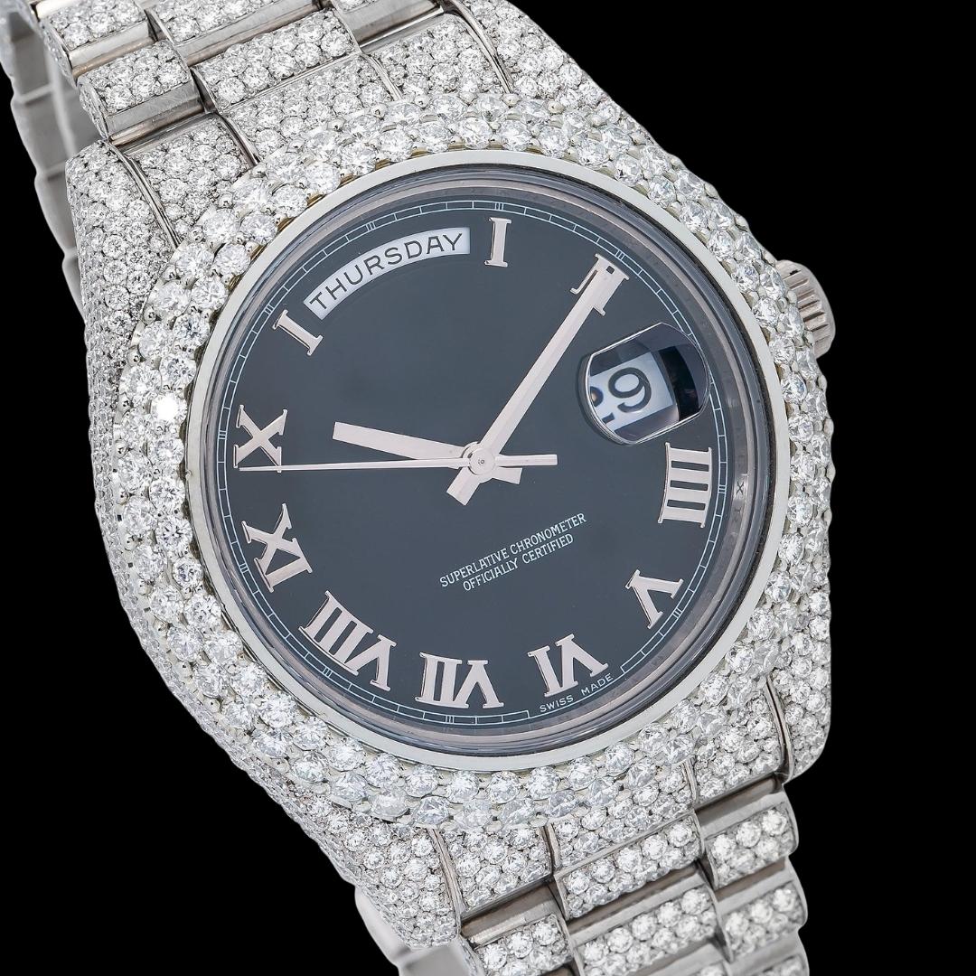 Rolex Day-Date Black Dial Roman Numerals Fully Iced Out President Bracelet Moissanite Watch Close Up Dial View