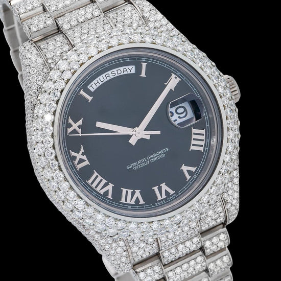 Rolex Day-Date Black Dial Roman Numerals Fully Iced Out President Bracelet Moissanite Watch Close Up Dial View