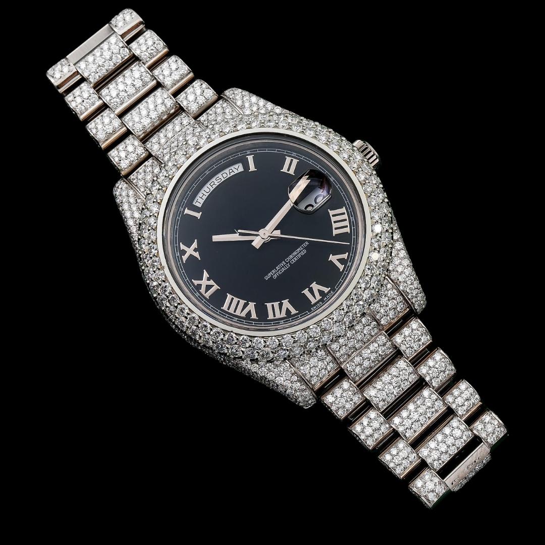 Rolex Day-Date Black Dial Roman Numerals Fully Iced Out President Bracelet Moissanite Watch Close Up Front View