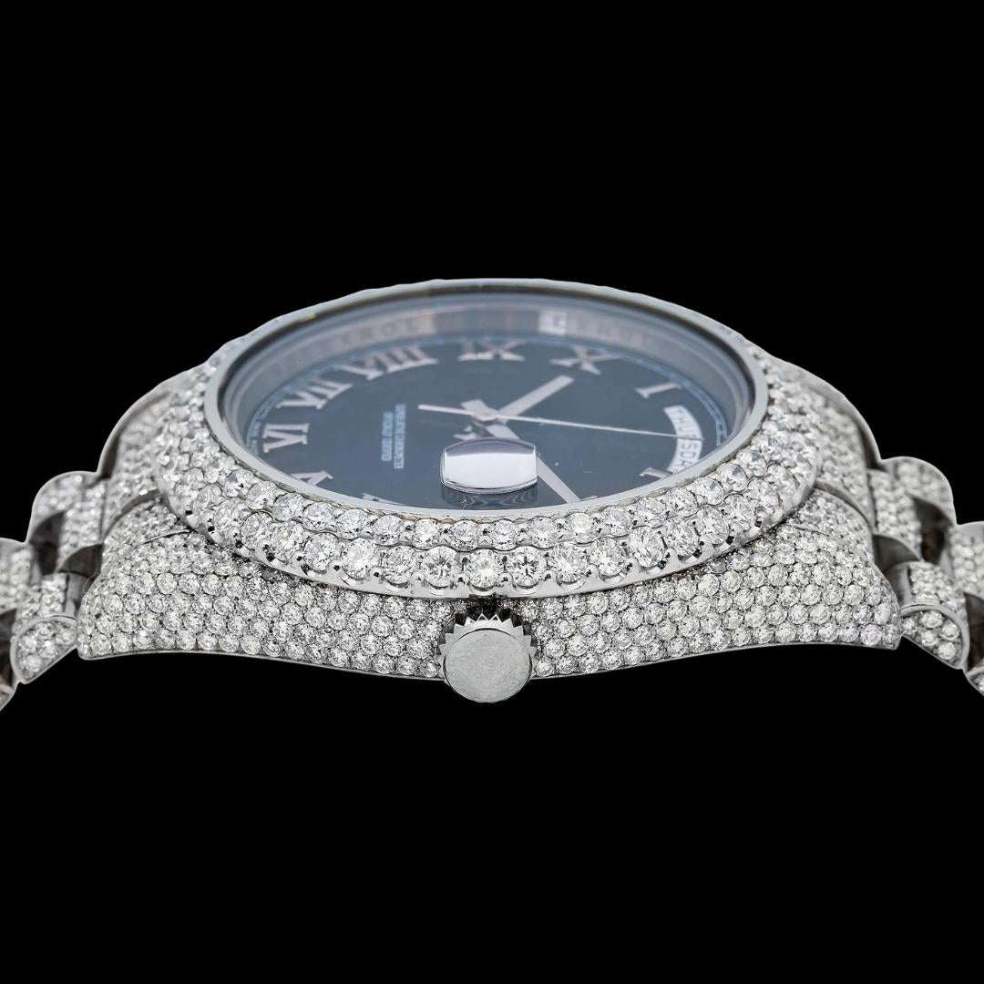 Rolex Day-Date Black Dial Roman Numerals Fully Iced Out President Bracelet Moissanite Watch Crown View