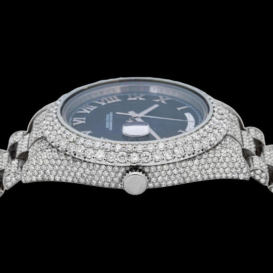 Rolex Day-Date Black Dial Roman Numerals Fully Iced Out President Bracelet Moissanite Watch Crown View