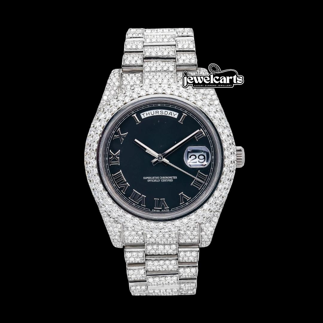 Rolex Day-Date Black Dial Roman Numerals Fully Iced Out President Bracelet Moissanite Watch Front View