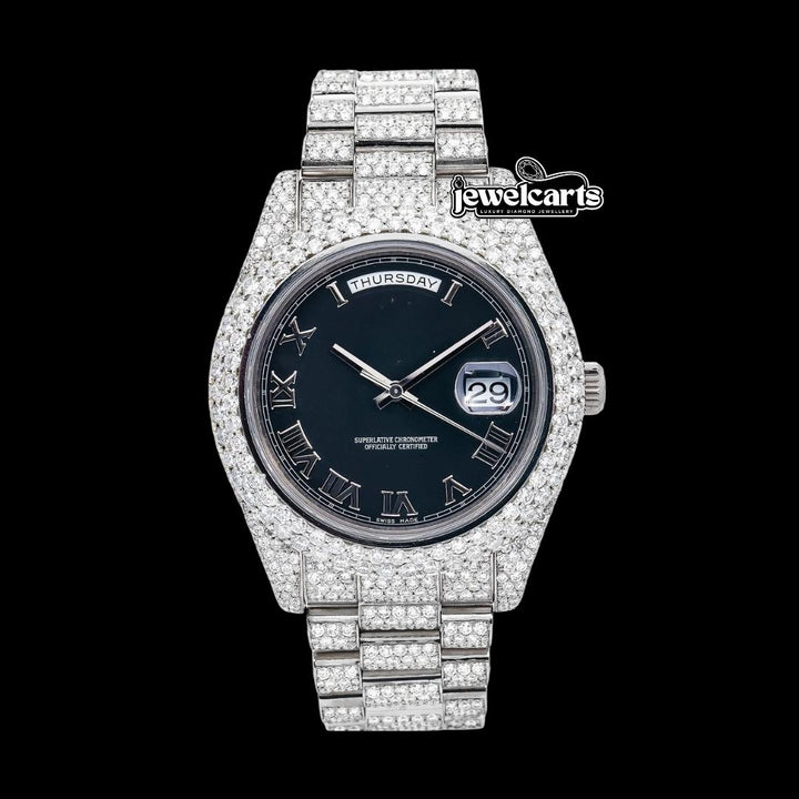 Rolex Day-Date Black Dial Roman Numerals Fully Iced Out President Bracelet Moissanite Watch Front View