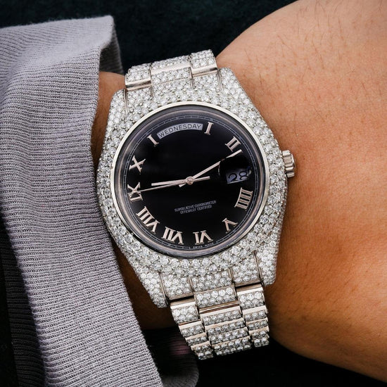 Rolex Day-Date Black Dial Roman Numerals Fully Iced Out President Bracelet Moissanite Watch On Wrist View