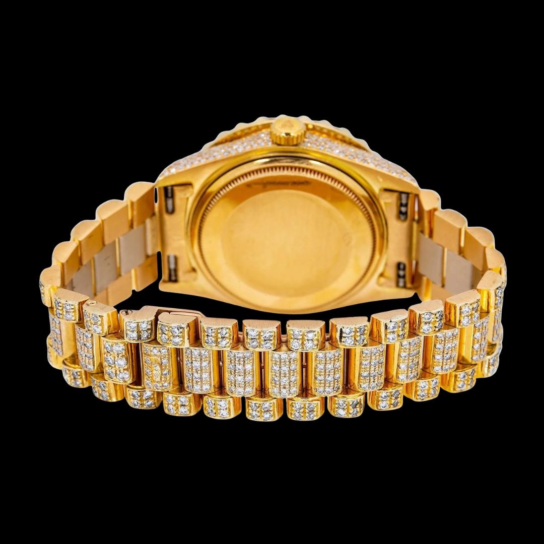 Rolex Day-Date Black Pearl Dial Roman Numerals Yellow Gold President Bracelet Iced Out Moissanite Watch Caseback View