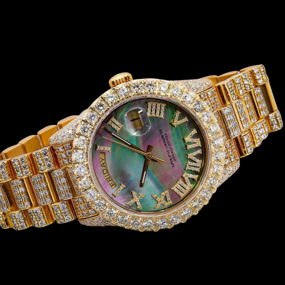 Rolex Day-Date Black Pearl Dial Roman Numerals Yellow Gold President Bracelet Iced Out Moissanite Watch Close Up Bezel View