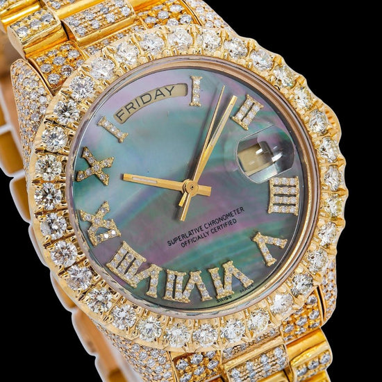 Rolex Day-Date Black Pearl Dial Roman Numerals Yellow Gold President Bracelet Iced Out Moissanite Watch Close Up Dial View