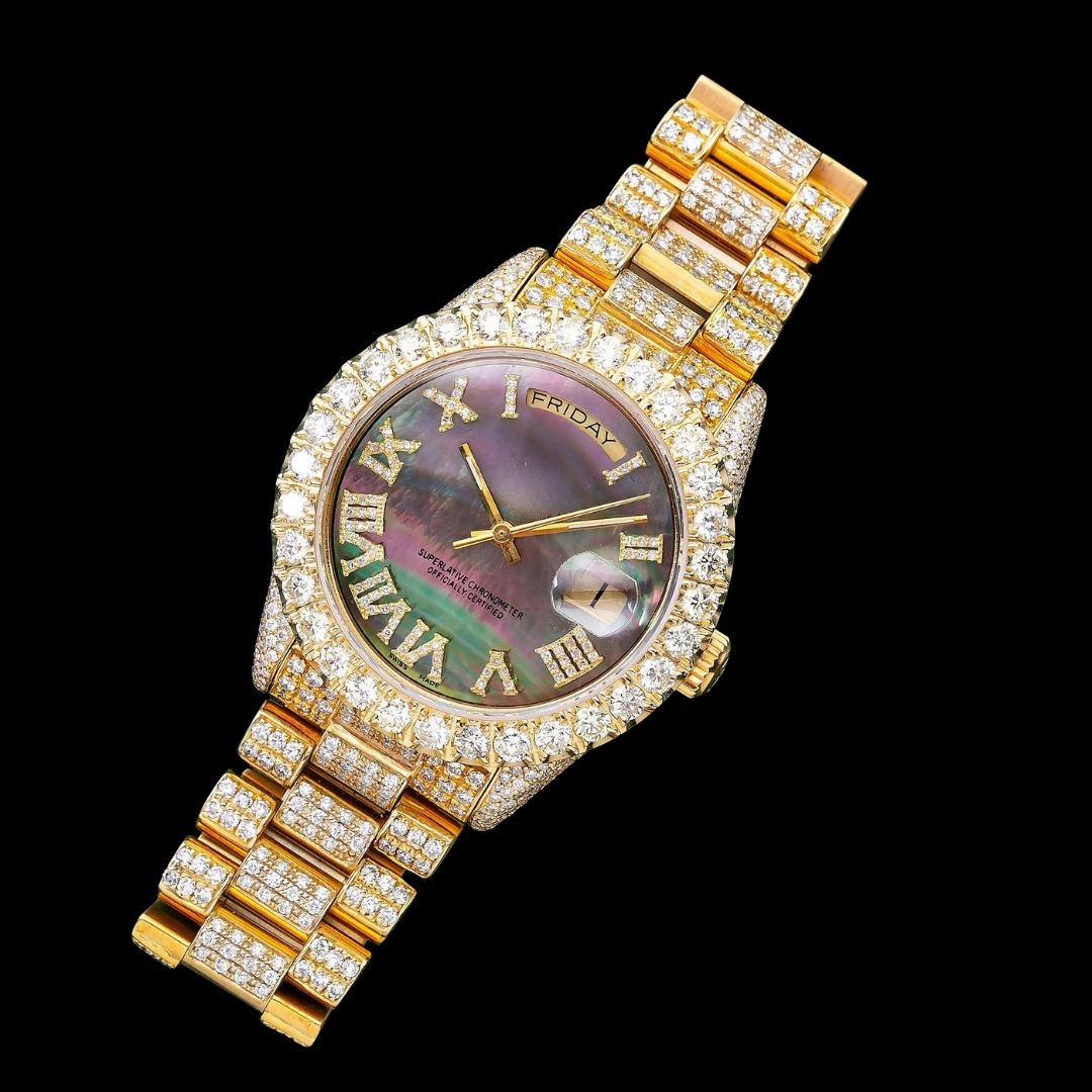 Rolex Day-Date Black Pearl Dial Roman Numerals Yellow Gold President Bracelet Iced Out Moissanite Watch Close Up Front View