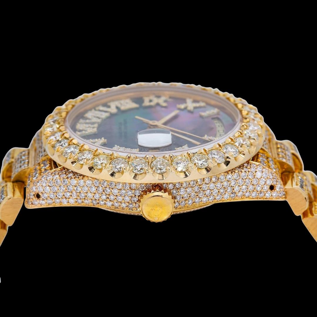 Rolex Day-Date Black Pearl Dial Roman Numerals Yellow Gold President Bracelet Iced Out Moissanite Watch Crown View