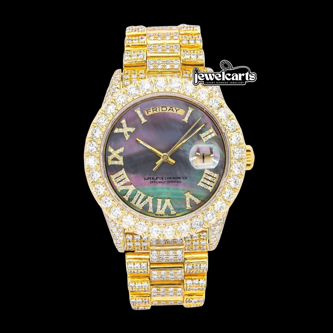 Rolex Day-Date Black Pearl Dial Roman Numerals Yellow Gold President Bracelet Iced Out Moissanite Watch Front View