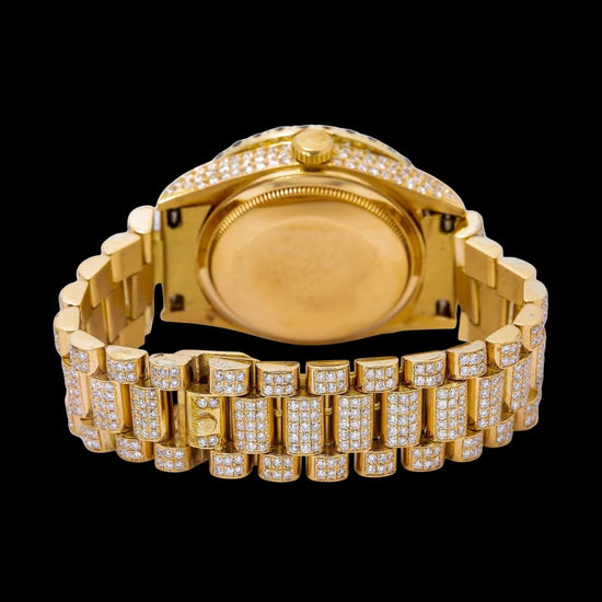 Rolex Day-Date Blue Roman Dial Diamond Bezel Iced Out President Bracelet Moissanite Watch Caseback View