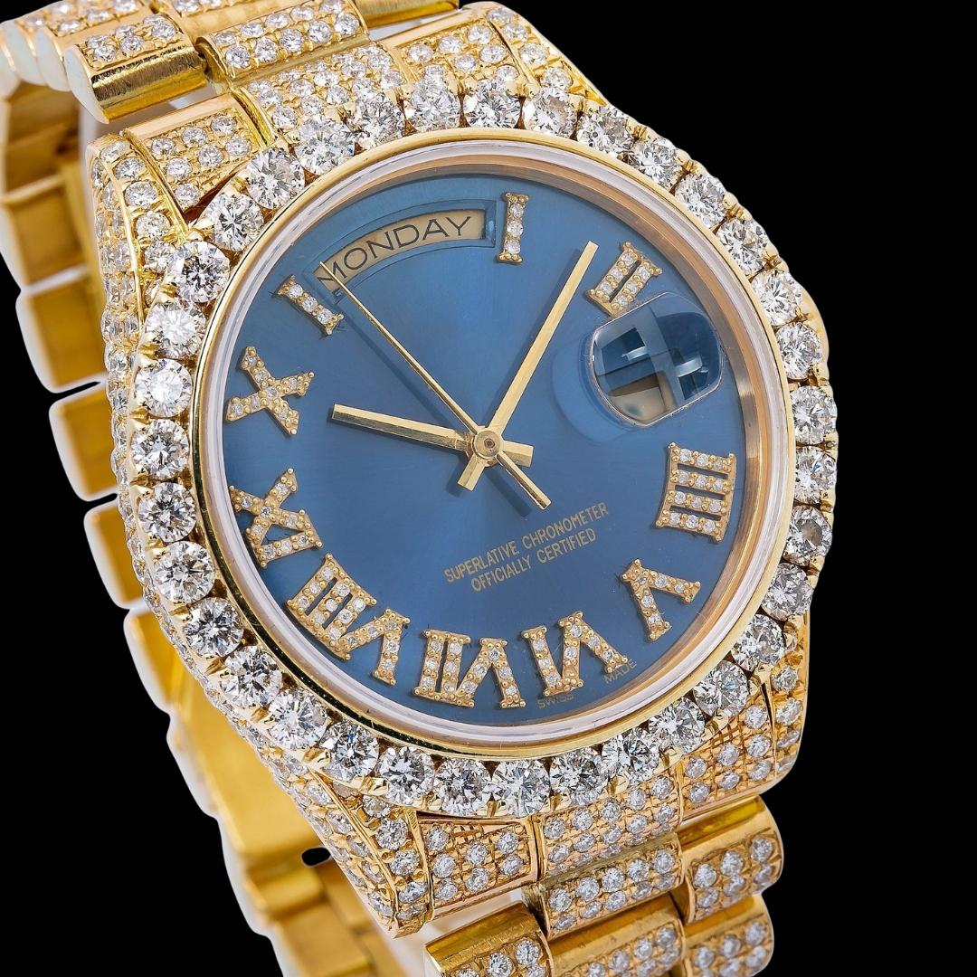 Rolex Day-Date Blue Roman Dial Diamond Bezel Iced Out President Bracelet Moissanite Watch Close Up Dial View