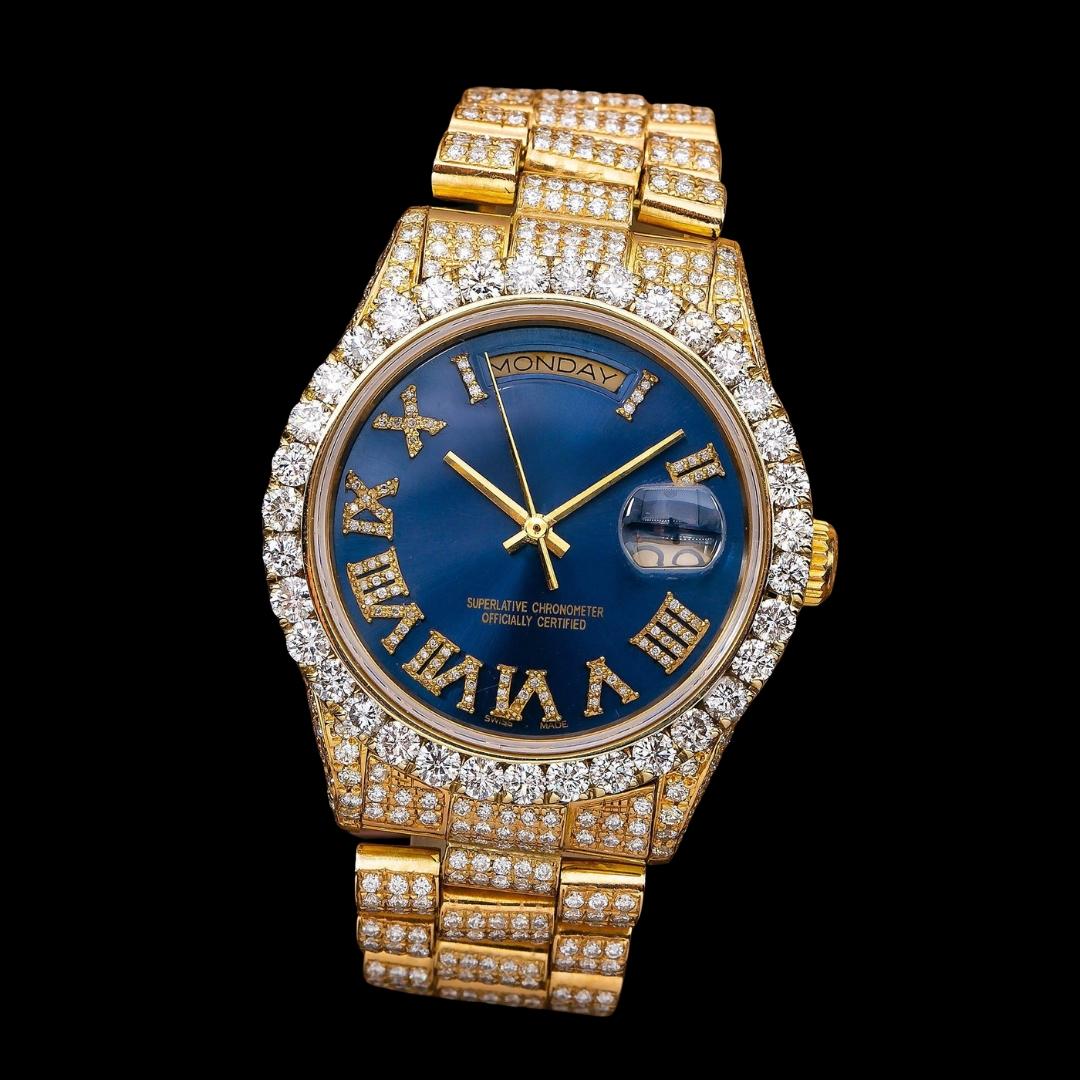 Rolex Day-Date Blue Roman Dial Diamond Bezel Iced Out President Bracelet Moissanite Watch Close Up Front View