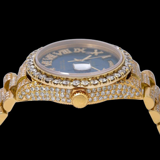 Rolex Day-Date Blue Roman Dial Diamond Bezel Iced Out President Bracelet Moissanite Watch Crown View