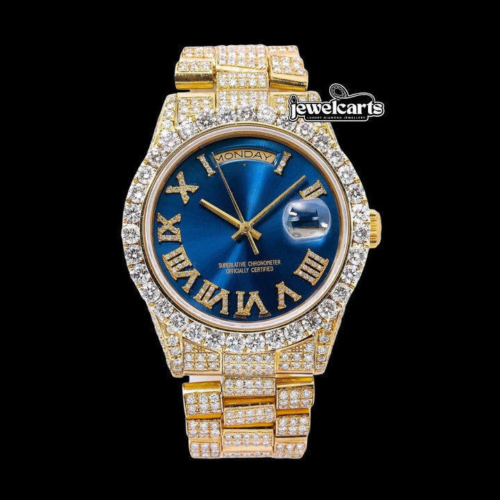 Rolex Day-Date Blue Roman Dial Diamond Bezel Iced Out President Bracelet Moissanite Watch Front View