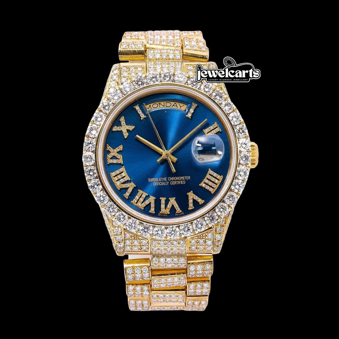 Rolex Day-Date Blue Roman Dial Diamond Bezel Iced Out President Bracelet Moissanite Watch Front View