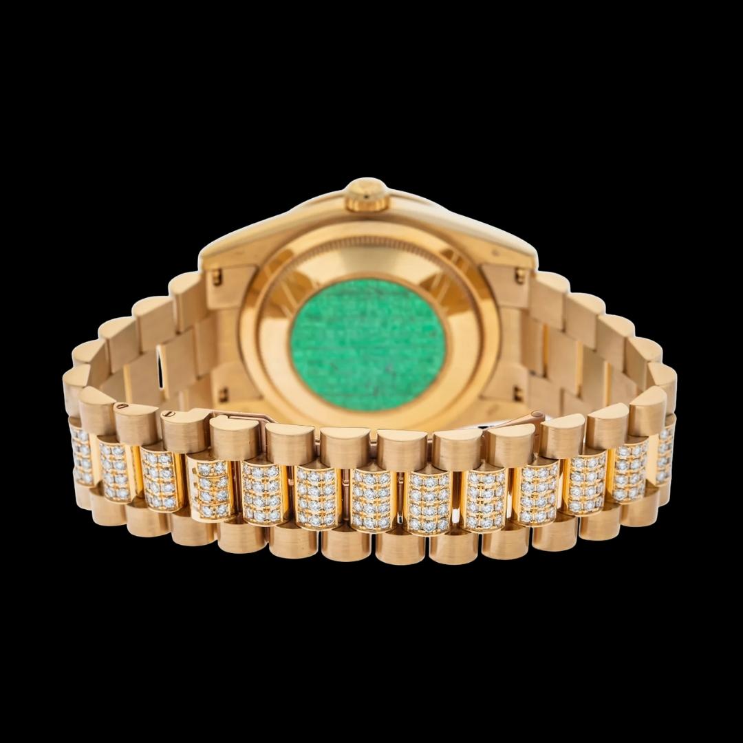 Rolex Day-Date Champagne Dial Diamond Markers Semi Iced President Bracelet Yellow Gold Moissanite Watch Caseback View