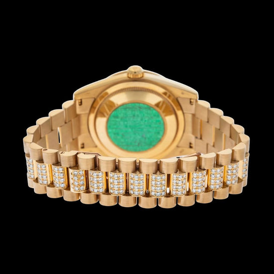 Rolex Day-Date Champagne Dial Diamond Markers Semi Iced President Bracelet Yellow Gold Moissanite Watch Caseback View
