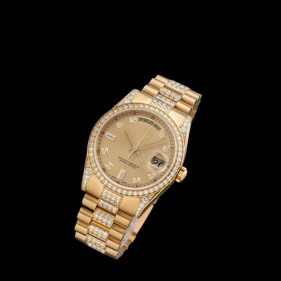 Rolex Day-Date Champagne Dial Diamond Markers Semi Iced President Bracelet Yellow Gold Moissanite Watch Close Up Front View