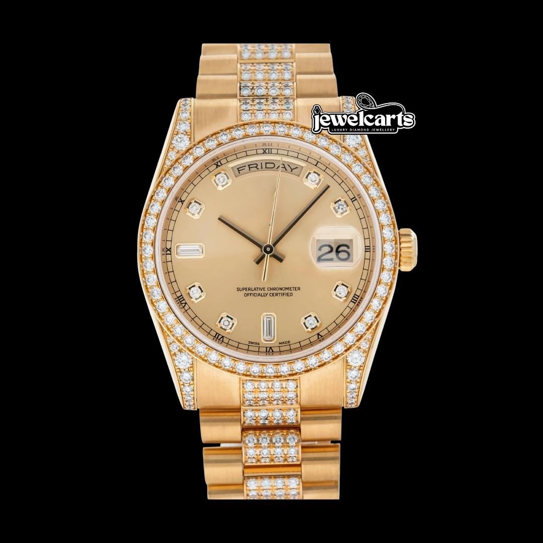 Rolex Day-Date Champagne Dial Diamond Markers Semi Iced President Bracelet Yellow Gold Moissanite Watch Front View