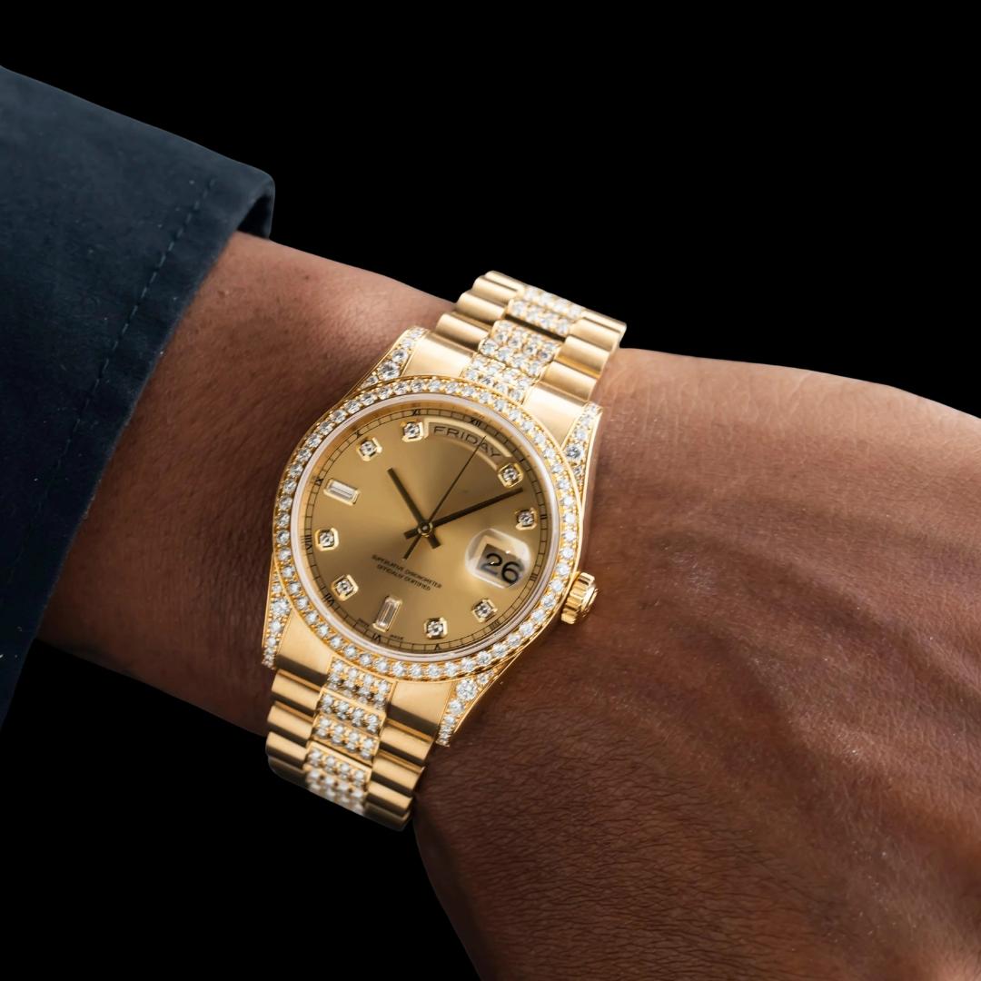 Rolex Day-Date Champagne Dial Diamond Markers Semi Iced President Bracelet Yellow Gold Moissanite Watch On Wrist View