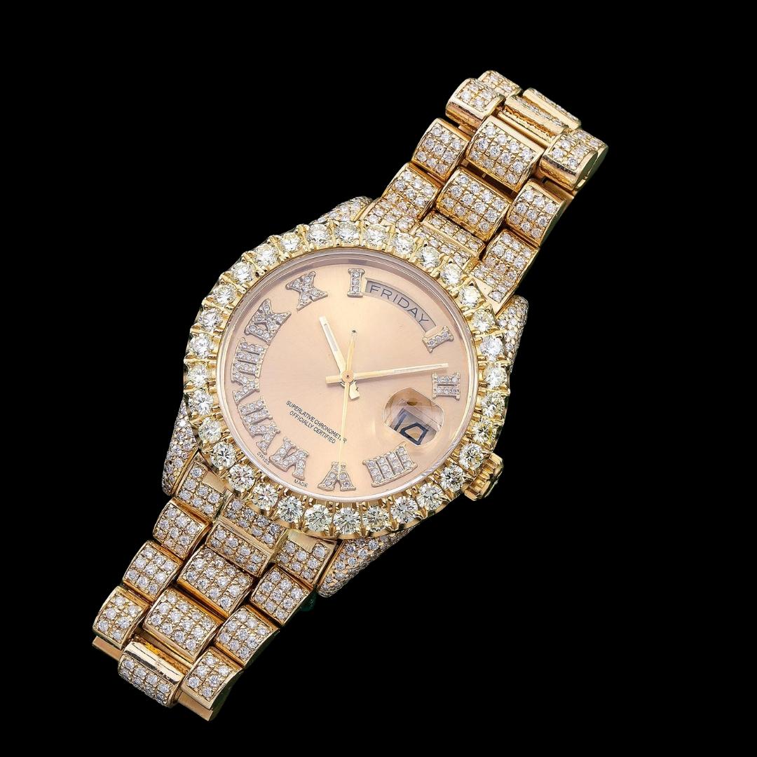 Rolex Day-Date Champagne Roman Diamond Dial Fully Iced Out President Bracelet Moissanite Watch Close Up Front View