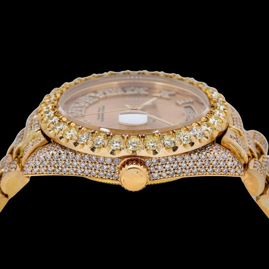 Rolex Day-Date Champagne Roman Diamond Dial Fully Iced Out President Bracelet Moissanite Watch Crown View