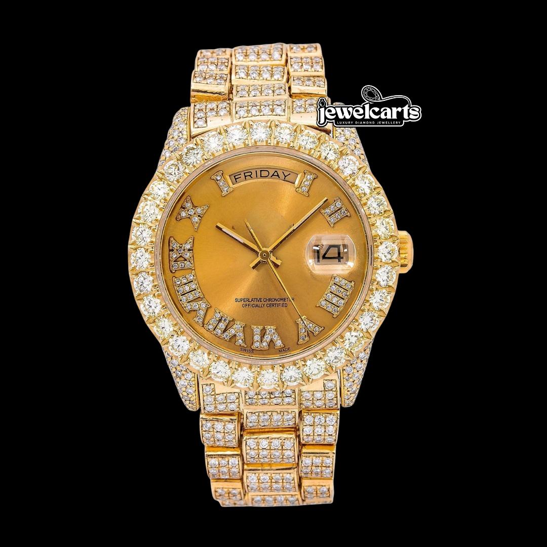 Rolex Day-Date Champagne Roman Diamond Dial Fully Iced Out President Bracelet Moissanite Watch Front View