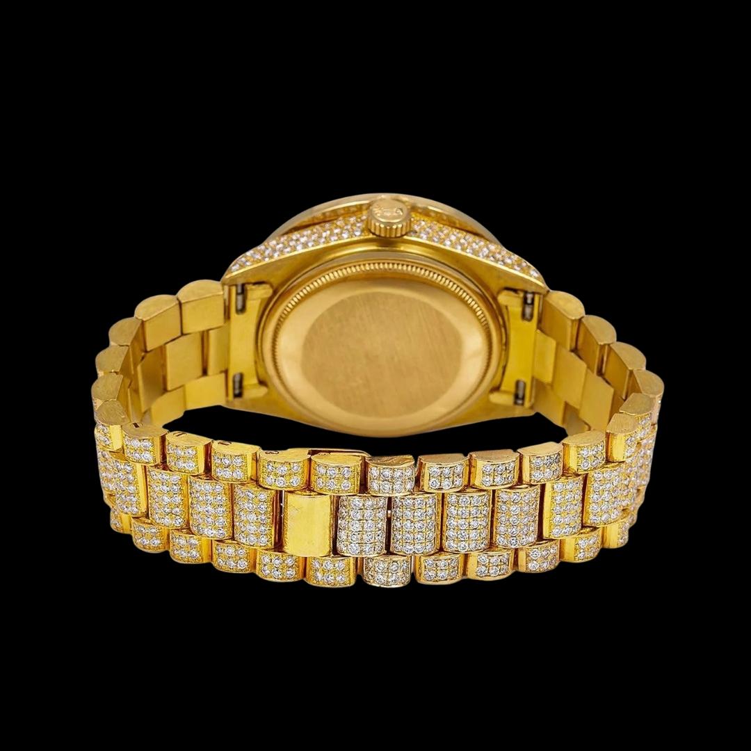 Rolex Day-Date Champagne Roman Diamond Dial President Bracelet Iced Out Yellow Gold Moissanite Watch Caseback View