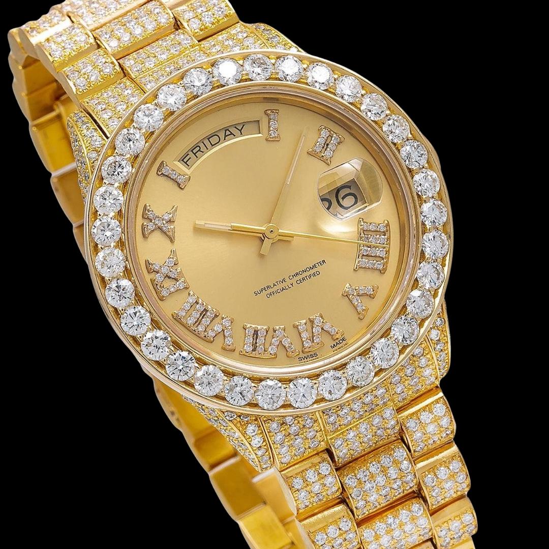 Rolex Day-Date Champagne Roman Diamond Dial President Bracelet Iced Out Yellow Gold Moissanite Watch Close Up Dial View