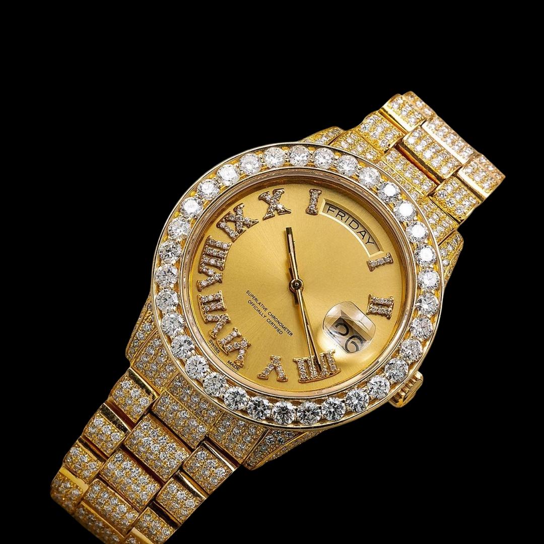 Rolex Day-Date Champagne Roman Diamond Dial President Bracelet Iced Out Yellow Gold Moissanite Watch Close Up Front View