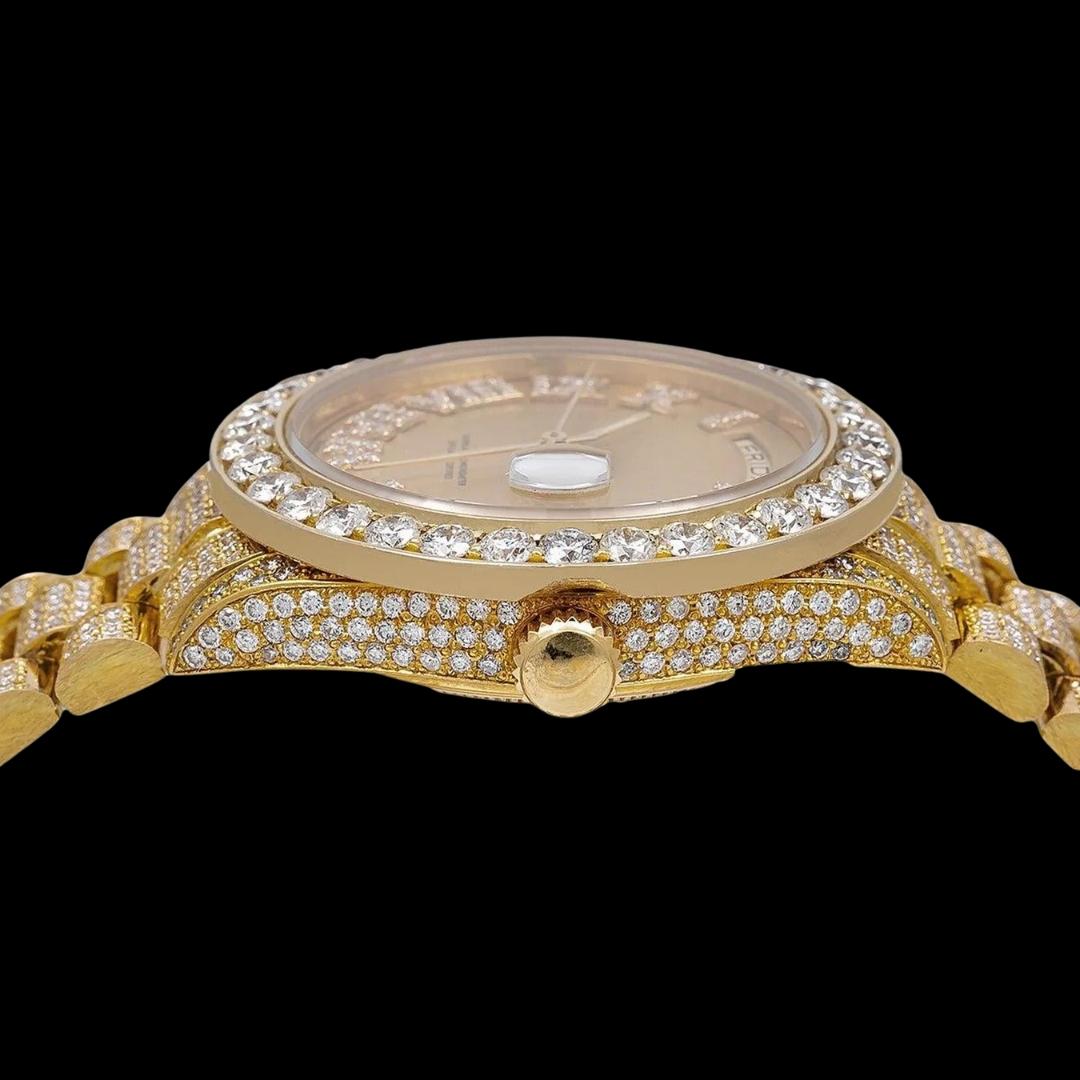 Rolex Day-Date Champagne Roman Diamond Dial President Bracelet Iced Out Yellow Gold Moissanite Watch Crown View
