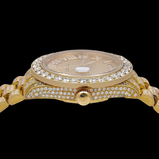 Rolex Day-Date Champagne Roman Diamond Dial President Bracelet Iced Out Yellow Gold Moissanite Watch Crown View