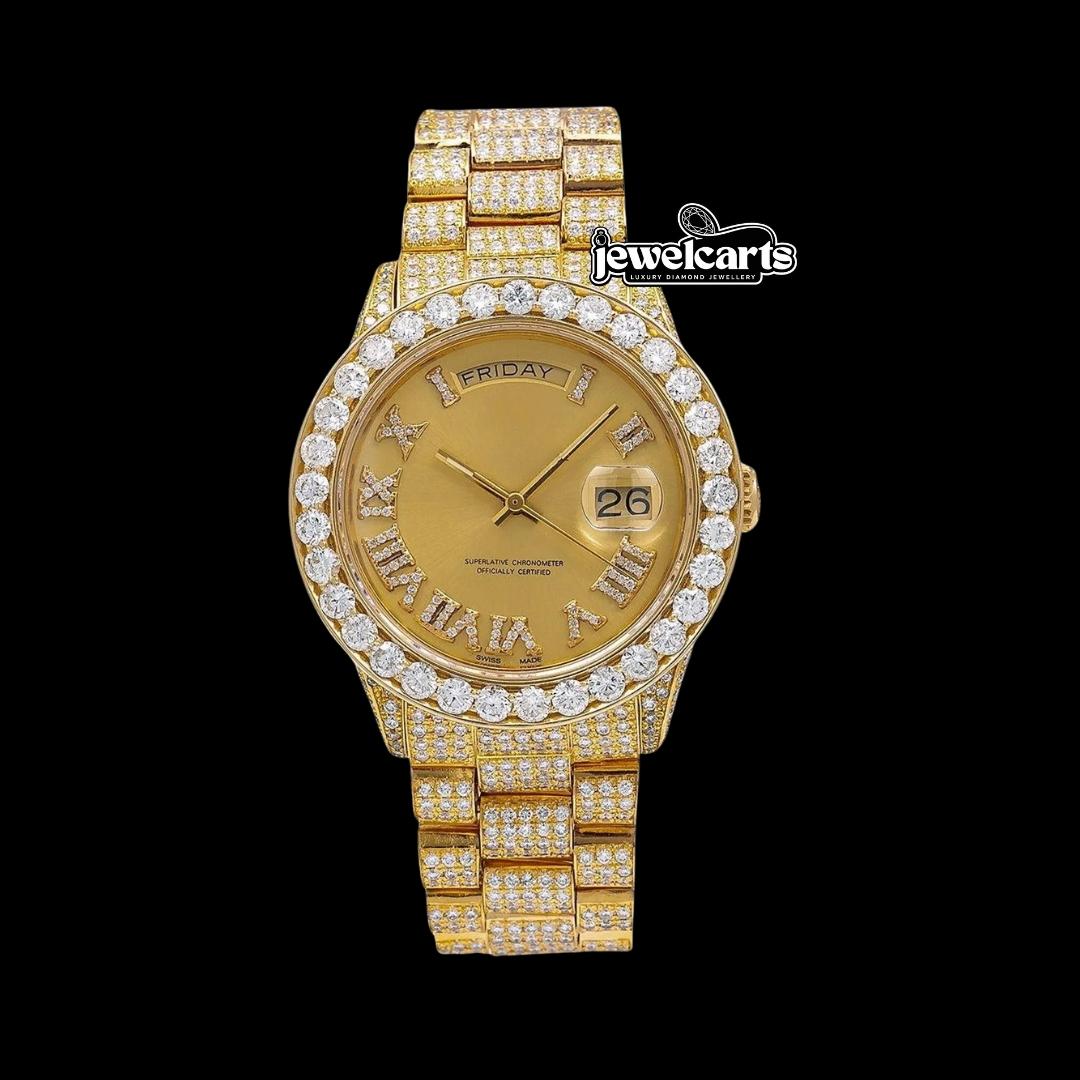 Rolex Day-Date Champagne Roman Diamond Dial President Bracelet Iced Out Yellow Gold Moissanite Watch Front View