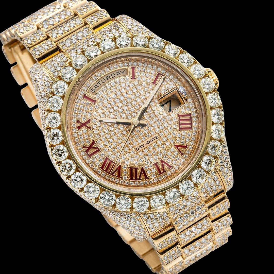Rolex Day-Date Diamond Paved Dial Red Roman Numerals President Bracelet Fully Iced Out Moissanite Watch Close Up Date Display View