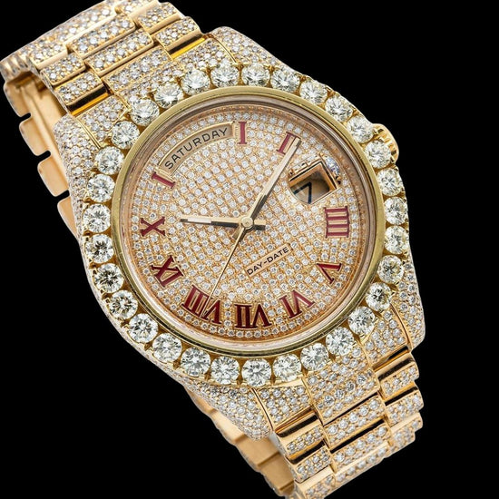 Rolex Day-Date Diamond Paved Dial Red Roman Numerals President Bracelet Fully Iced Out Moissanite Watch Close Up Date Display View