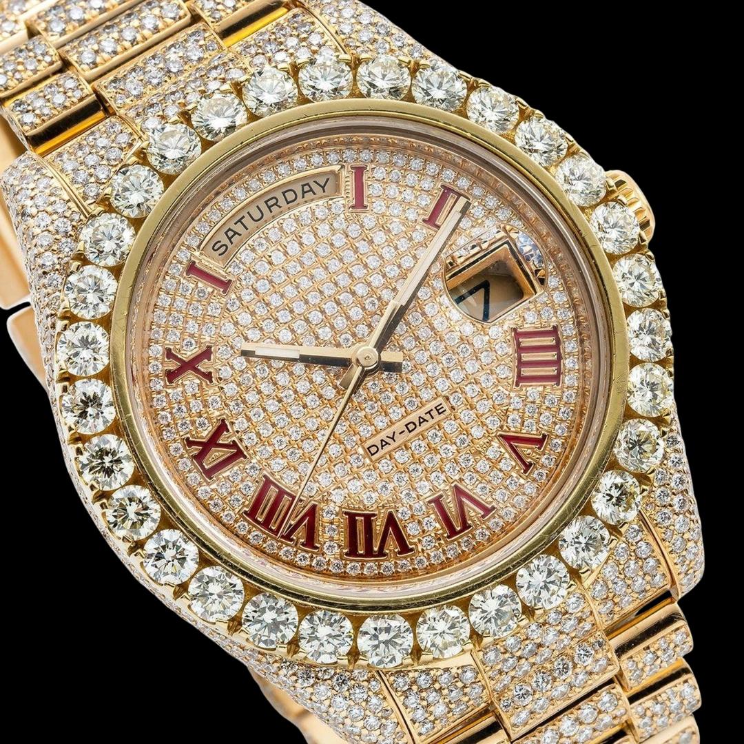 Rolex Day-Date Diamond Paved Dial Red Roman Numerals President Bracelet Fully Iced Out Moissanite Watch Close Up Dial View