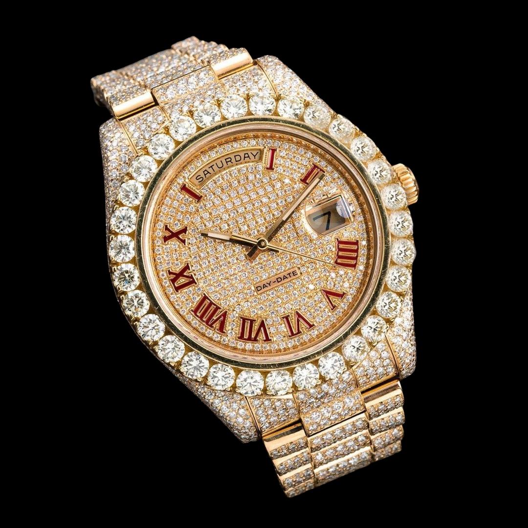 Rolex Day-Date Diamond Paved Dial Red Roman Numerals President Bracelet Fully Iced Out Moissanite Watch Close Up Front View