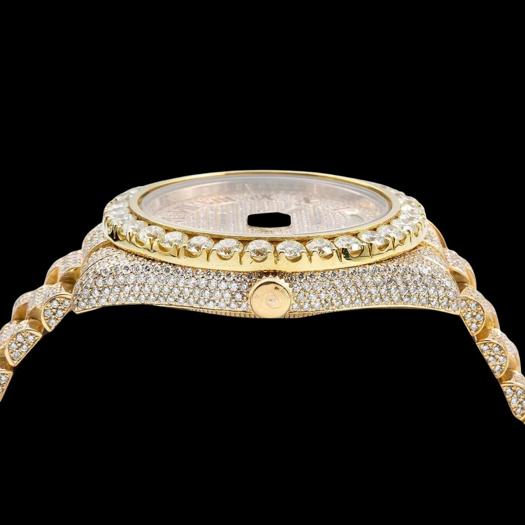 Rolex Day-Date Diamond Paved Dial Red Roman Numerals President Bracelet Fully Iced Out Moissanite Watch Crown View