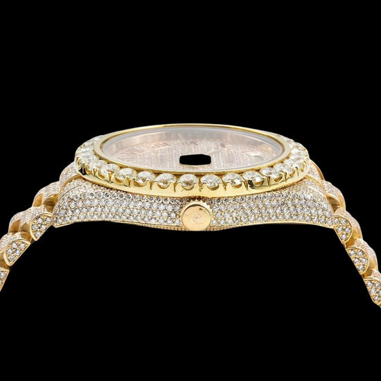 Rolex Day-Date Diamond Paved Dial Red Roman Numerals President Bracelet Fully Iced Out Moissanite Watch Crown View