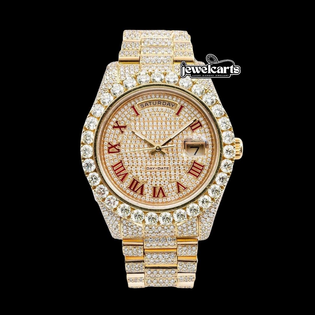 Rolex Day-Date Diamond Paved Dial Red Roman Numerals President Bracelet Fully Iced Out Moissanite Watch Front View