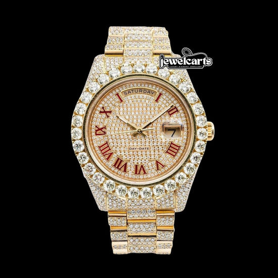 Rolex Day-Date Diamond Paved Dial Red Roman Numerals President Bracelet Fully Iced Out Moissanite Watch Front View