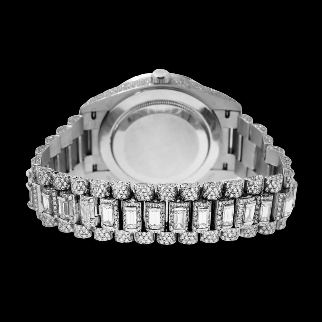 Rolex Day-Date Diamond Paved Dial Roman Numerals Baguette President Bracelet Iced Out Moissanite Watch Caseback View