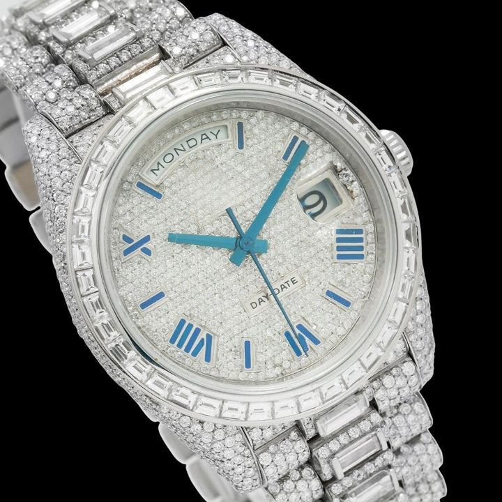 Rolex Day-Date Diamond Paved Dial Roman Numerals Baguette President Bracelet Iced Out Moissanite Watch Close Up Dial View